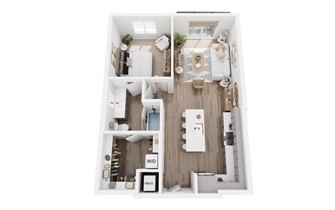 Floor plan for 1 bed, 1 bath, 770 sqft